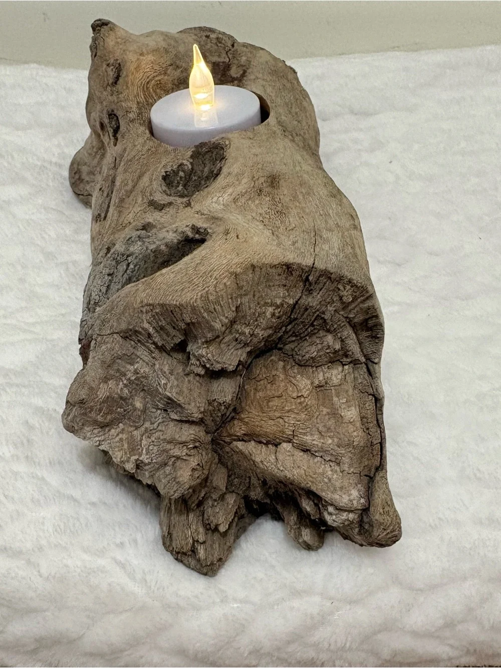 Handmade Rustic Driftwood Tealight Candle Holder - Natural Brown